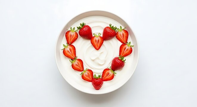 Mangkuk berisi yogurt krim putih dengan potongan stroberi merah segar membentuk pola hati melambangkan gaya hidup sehat dan cinta organik.