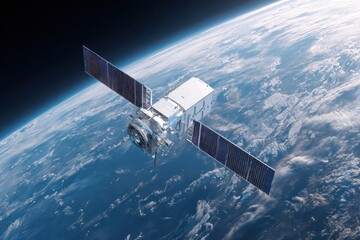 Obraz premium Advanced orbital satellite with screen mockup above Earth