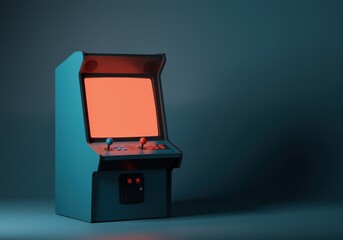 A teal retro arcade machine with a blank coral screen stands in a studio for gaming hardware mockups, nostalgic tech advertising and minimalist web design