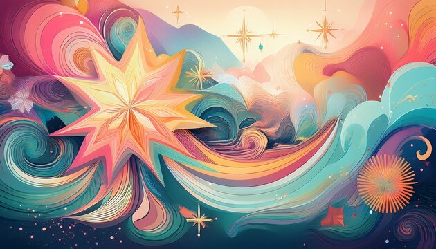colorful abstract composition with stars swirls and various textures the scene features pastel colors and a dreamy atmosphere evoking a whimsical feel