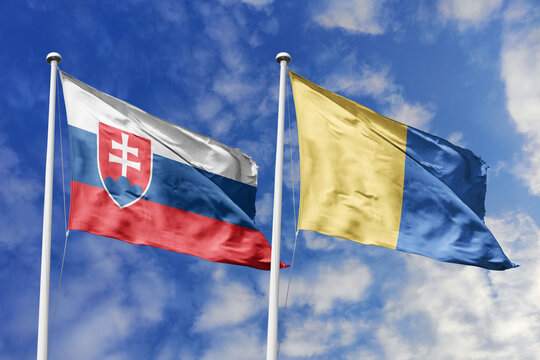 Slovakia and Lampedusa and Linosa flags waving in a clear blue sky, symbolizing a powerful diplomacy a strategic partnership, and a shared vision of unity for a sustainable future.