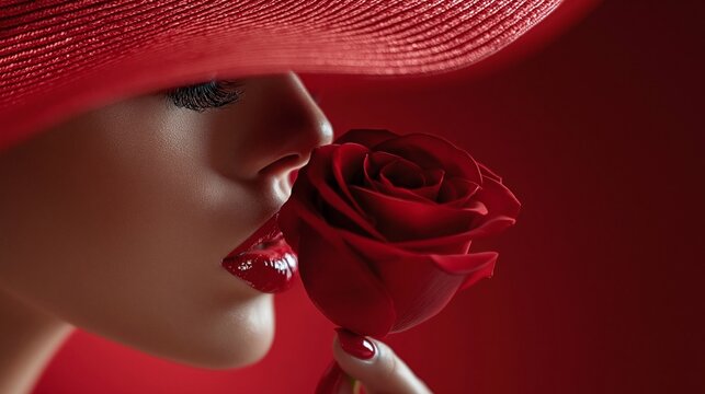 Frau mit rotem Hut und roten Lippen h&auml;lt eine rote Rose vor rotem Hintergrund
