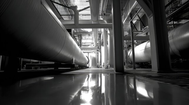 Industrial pipeline infrastructure with floor reflection