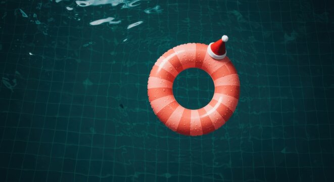Teal pool water and striped inflatable ring with santa hat for tropical holiday marketing, winter sun travel promotions and seasonal festive advertising