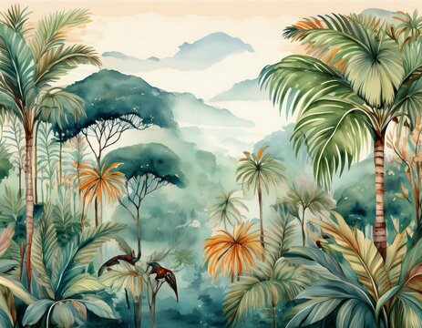 watercolor pattern wallpaper painting of a jungle landscape in vintage retro style