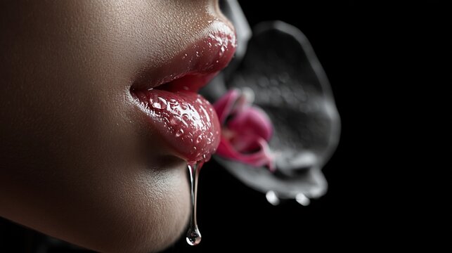 Nahaufnahme von gl&auml;nzenden Lippen mit einem Wassertropfen und einer kleinen Bl&uuml;te