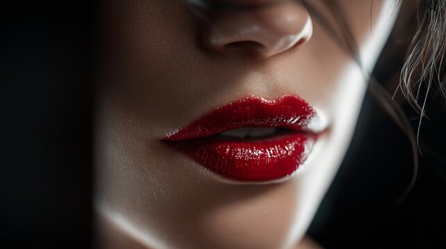 Nahaufnahme der Lippen und des Kinns einer Frau mit rotem Lippenstift und feuchter Haut