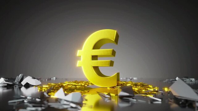 Dynamic animation featuring golden euro symbols falling smoothly downward, representing financial movement, currency value, and economic concepts. The shining metallic effect and motion create a moder