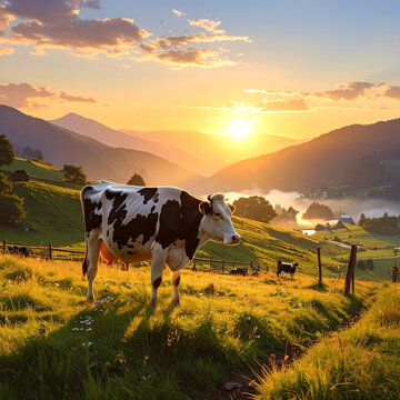 Cow in the golden sunlight landscape