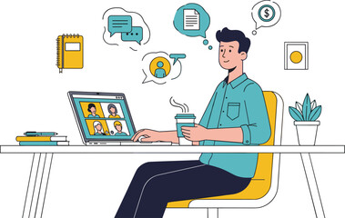 Naklejka premium Remote worker attending online meeting on laptop with communication and productivity concept illustration