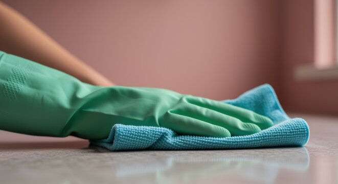 Green rubber gloved hands wiping a surface with a blue microfiber cloth for cleaning service advertisements, house chores and spring home maintenance editorial