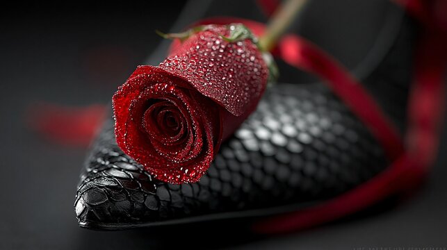 Eine rote Rose mit Wassertropfen liegt auf einem schwarzen Schuh mit rotem Band