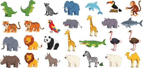 Obraz premium Wild animals collection with safari jungle and zoo creatures including lion elephant giraffe tiger zebra and more, colorful cartoon wildlife set isolated on light background vector illustration