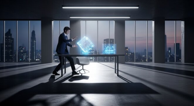 Businessman interacting with digital data in a modern office environment