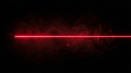 Naklejka premium Bright red laser line glows across a black background with soft drifting smoke. Concept of technology, security, sci fi, energy, overlay, design, and abstract background. Generative AI.