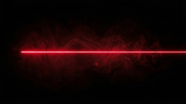 Bright red laser line glows across a black background with soft drifting smoke. Concept of technology, security, sci fi, energy, overlay, design, and abstract background. Generative AI.