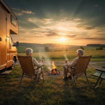 Dramatic sunset sky over a senior couple sitting by a campfire with their rv for retirement travel, outdoor lifestyle branding and motorhome vacation advertising