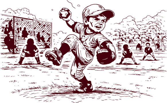 Young Baseball Pitcher Vintage Comic Ink Art