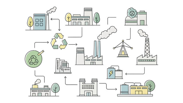 Industrial Illustration: A detailed illustration showcasing a network of buildings, and the interconnectedness of industry, innovation, and infrastructure.