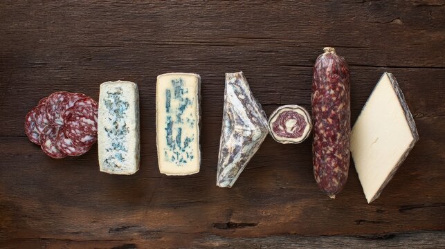 gorgonzola. Gourmet cheese and charcuterie board on rustic wood, top-down culinary arrangement. menu design, packaging mockups, designed for culinary blogs and recipe cards for restaurants.
