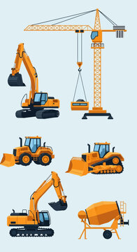 Vector illustration set of orange heavy construction machinery featuring a tower crane, hydraulic excavators, crawler bulldozer, front wheel loader, and portable concrete mixer.