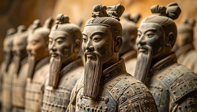 Row of ancient terracotta warrior statues, detailed facial expressions and textured armor, in a shallow depth field