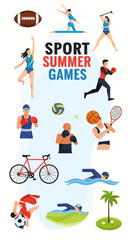 Obraz premium Flat vector illustration set for international summer sports games featuring diverse athletes participating in swimming, cycling, boxing, tennis, soccer, gymnastics, and athletics equipment.