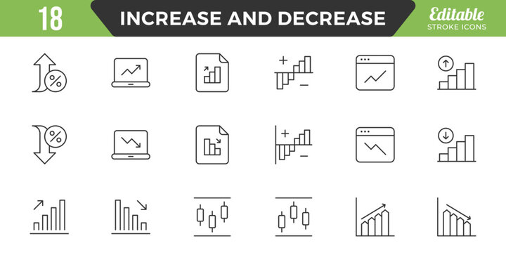 Increase and Decrease line Editable Icons set. Graph, Diagram, business growth, finance, economy, statistics, summary, profit, fall, arrow up, down,
and more. Simple vector icons. Editable Stroke.