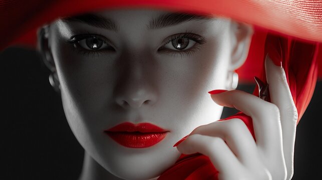 Selektiv koloriertes Portr&auml;t einer Frau mit rotem Hut, roten Lippen und rotem Nagellack vor grauem Hintergrund