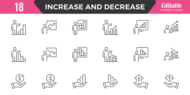 Increase and Decrease line Editable Icons set. Graph, Diagram, business growth, finance, economy, statistics, summary, profit, fall, arrow up, down,
and more. Simple vector icons. Editable Stroke.