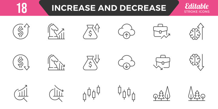 Increase and Decrease line Editable Icons set. Graph, Diagram, business growth, finance, economy, statistics, summary, profit, fall, arrow up, down,
and more. Simple vector icons. Editable Stroke.