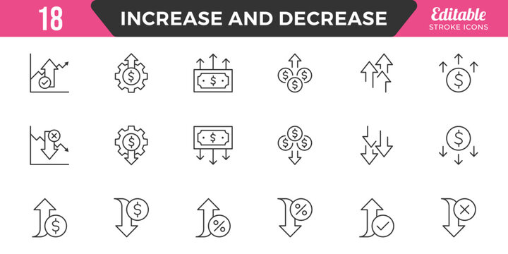 Increase and Decrease line Editable Icons set. Graph, Diagram, business growth, finance, economy, statistics, summary, profit, fall, arrow up, down,
and more. Simple vector icons. Editable Stroke.