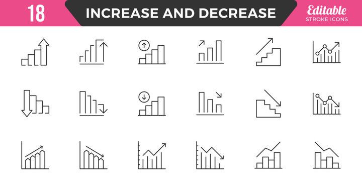 Increase and Decrease line Editable Icons set. Graph, Diagram, business growth, finance, economy, statistics, summary, profit, fall, arrow up, down,
and more. Simple vector icons. Editable Stroke.
