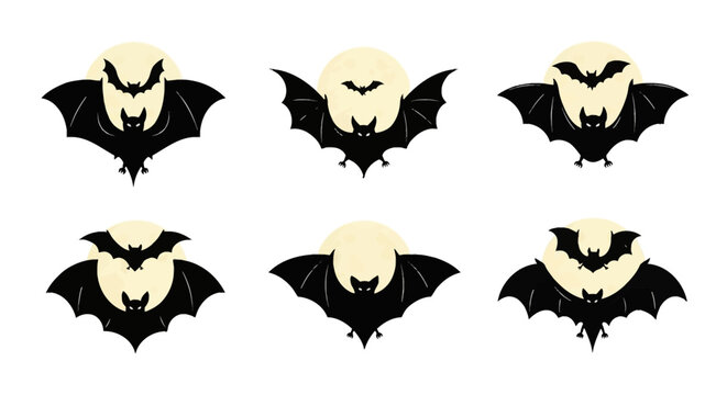 Set of six black silhouette bat icons flying against a pale yellow full moon. Detailed nocturnal animal vector graphics for Halloween theme designs, isolated on white background.