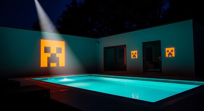 Glowing orange pixel monster face projected on a house wall at night