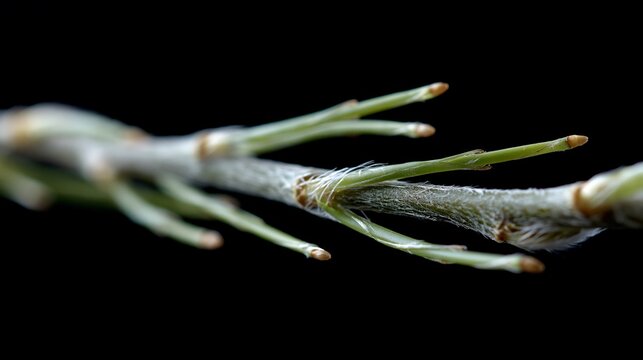 Extreme Nahaufnahme eines gr&uuml;nen Pflanzenzweigs mit feinen Nadeln vor schwarzem Hintergrund