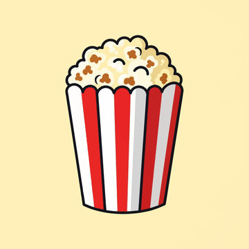 Stylized vector illustration of a traditional movie theater popcorn bucket featuring red and white vertical stripes and buttered popcorn kernels, isolated on a plain yellow background.