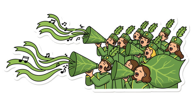 cartoon people dressed as green leaves blowing horns