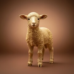 Obraz premium Golden lamb figurine standing on a brown surface for Easter celebration, seasonal greeting cards and luxury animal decor against a neutral background with copy space