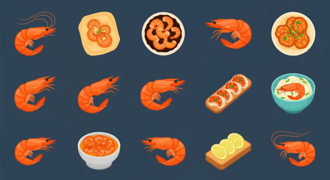 Vector set of shrimp icons in cartoon style featuring whole prawns, seafood dishes, bowls of shrimp, appetizers on bread, and sliced lemon, isolated on a dark blue background.