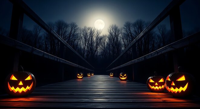 Scary glowing pumpkins in a dark spooky forest at night with moon
