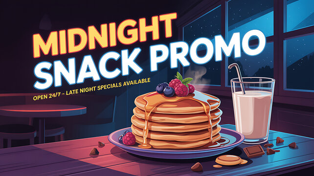 Midnight snack promo for late night specials, open 24/7, featuring pancakes and a glass of milk.