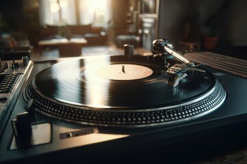 Fototapeta premium Retro record player in warm home interior