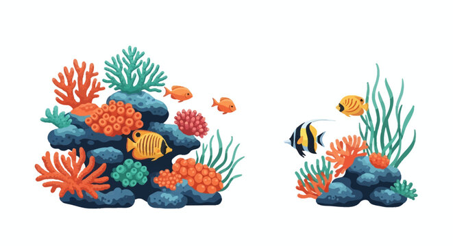 Flat vector illustration of two marine aquarium coral reef setups featuring tropical fish like butterflyfish and moorish idols, colorful corals, and seagrass isolated on white background.