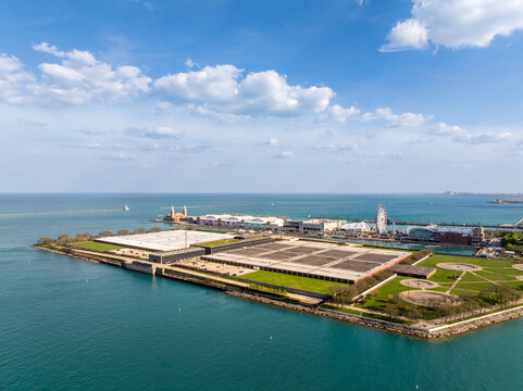  Aerial View of Milton Lee Olive Park Overlooking Navy Pier and Centennial Wheel Ferris Wheel on a Beautiful Blue Sky with Clouds, April 23, 2026, Downtown Chicago
