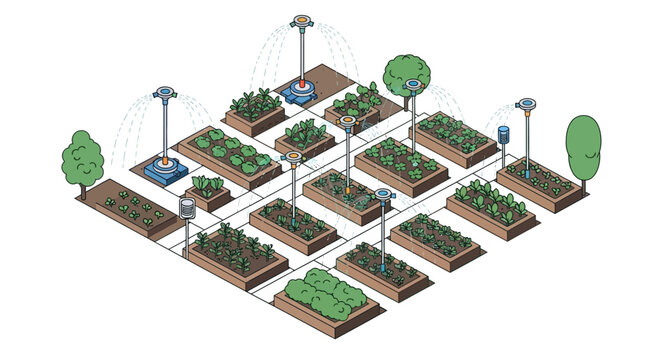 Smart Garden with Automated Irrigation System and IoT Sensors, Isometric Illustration of Sustainable Agriculture and Urban Farming Technology