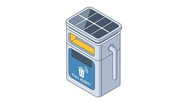 Isometric 3D Illustration of a Solar Powered Smart Trash Can for Urban Waste Management and Sustainability