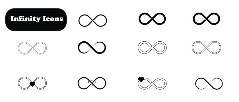 Set of 11 infinity icons. Various designs of infinity symbols in black on a white background. 