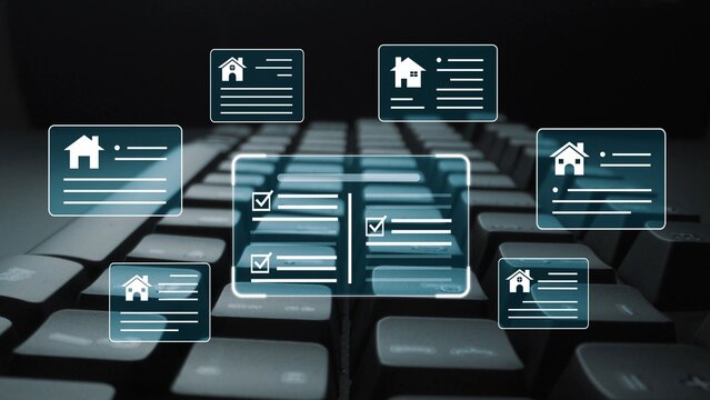 Digital representation of home listings with checkmarks on computer keyboard background, showcasing real estate opportunities and property details online. Gluon.