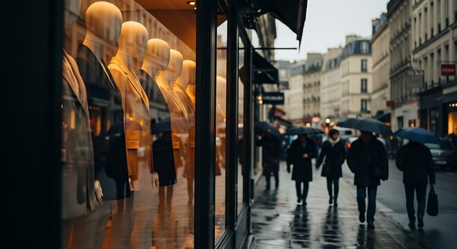 Mannequins in a store window with people walking on a rainy city street